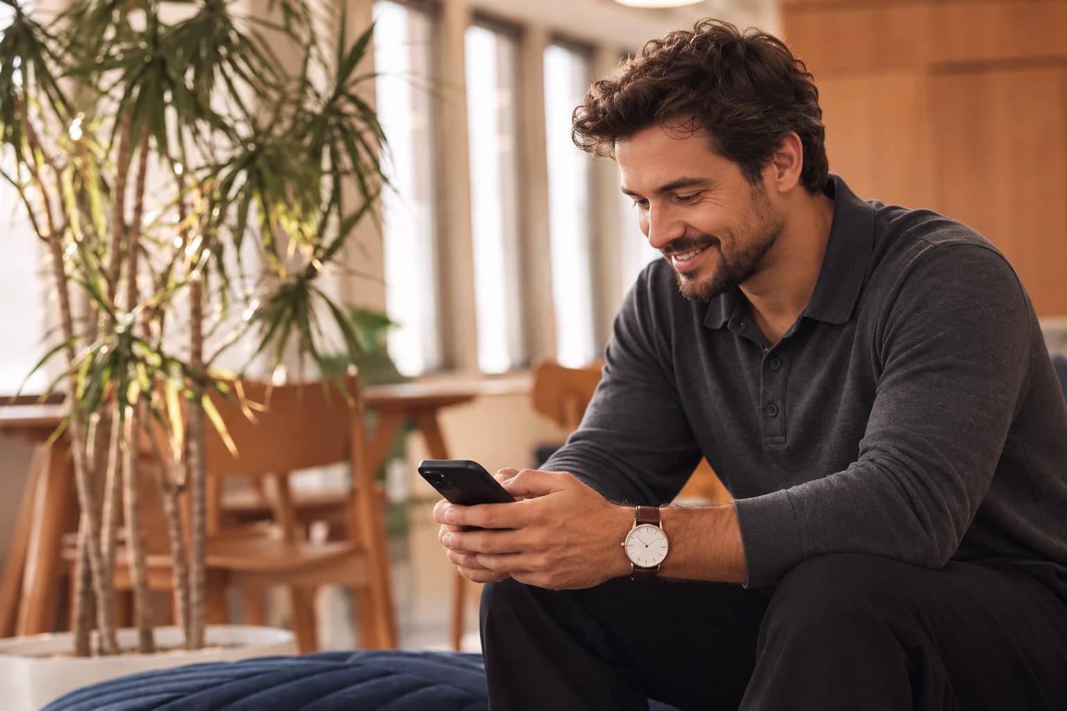 A smiling man in a polo shirt checking his phone in a cozy office
